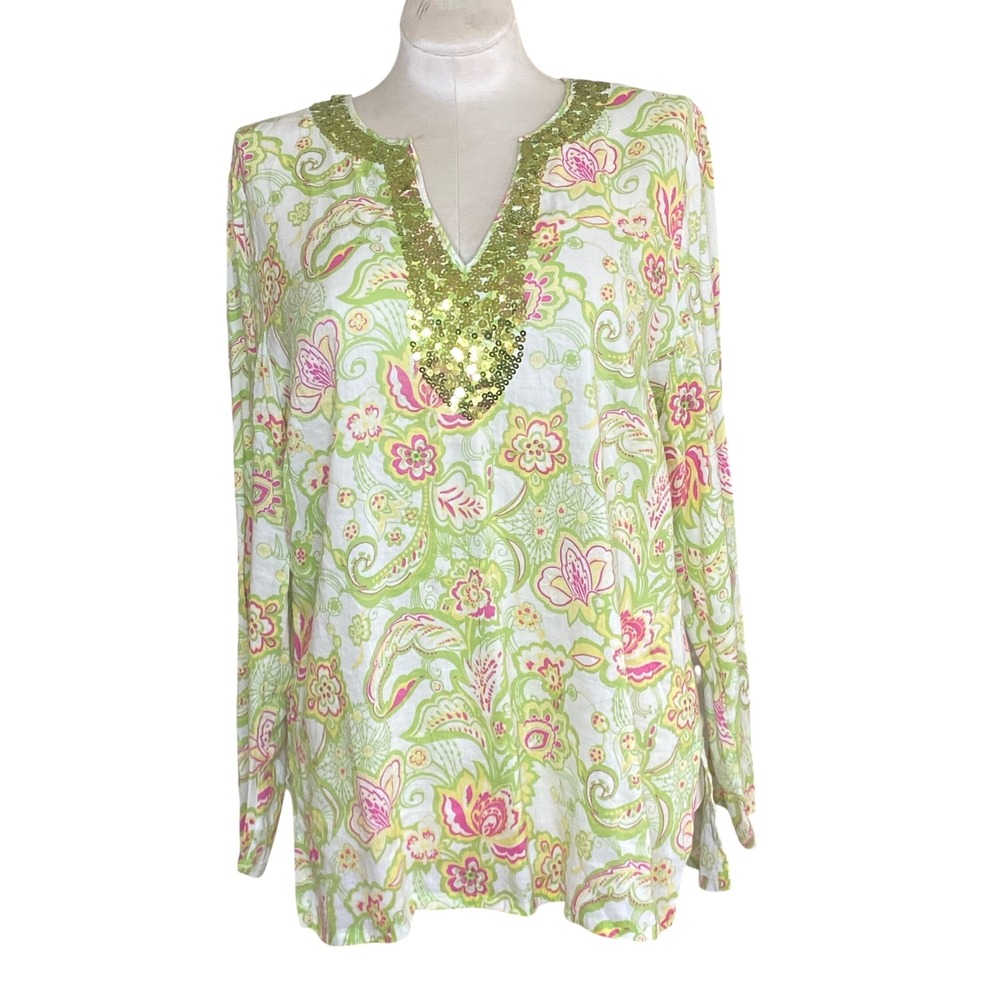 Carole Little shirt‎  Linen Sequin V-Neck Tunic Floral Paisley Green Pink sz 1X